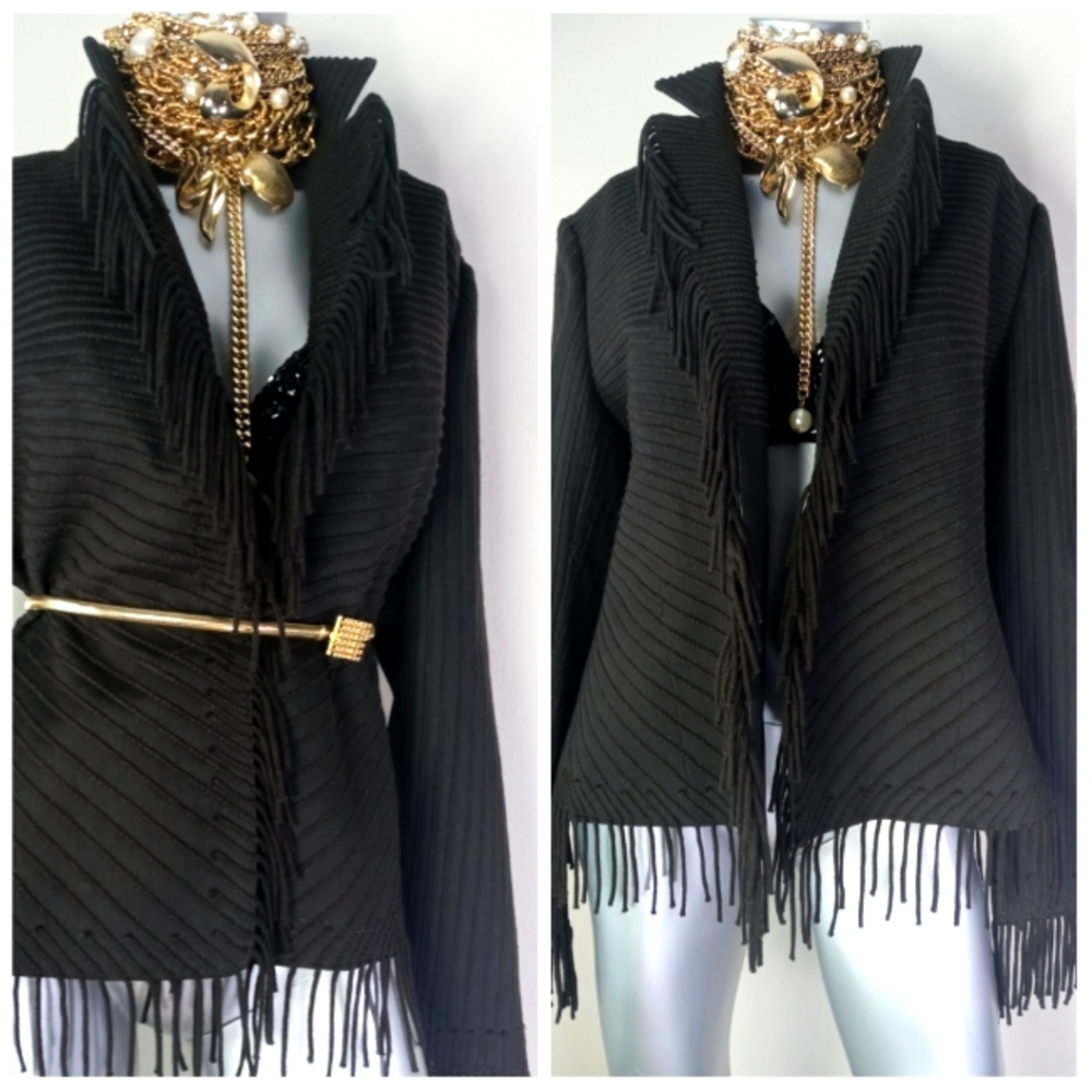 Company Ellen Tracy Open Front Fringe Chocolate Striped Cotton Blend Jacket - Picture 3 of 13